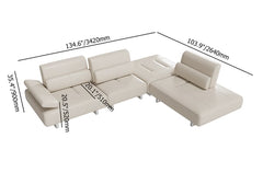 134.6" White Leather Lounge Deep Seat Sectional Sofa with Adjustable Armrest & Backrest