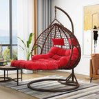 Magenta and sepia porch swing egg chair with alloy stand, chain, cushions, and 2-person seating