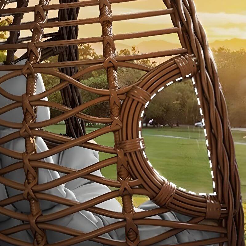 Porch swing with tropical ivory and auburn hydrophobic framed pads, metal stand and chain included