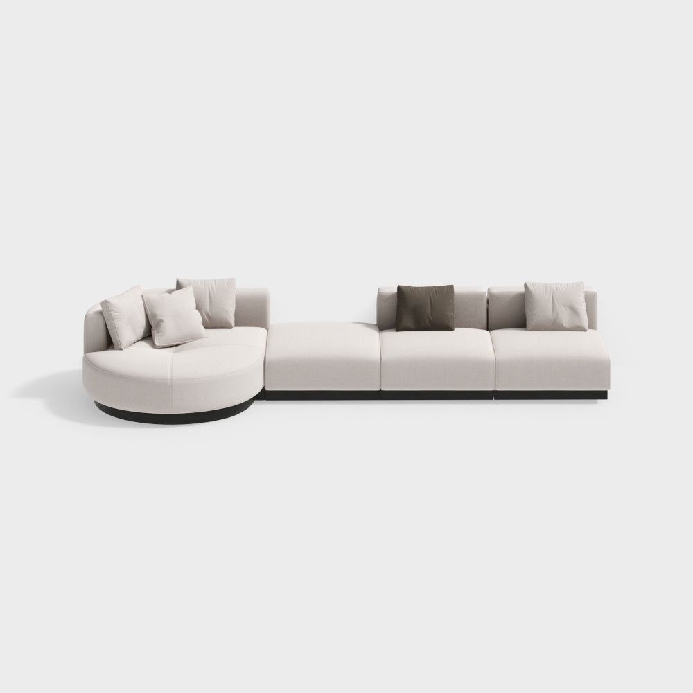 Beige modern L-shaped sectional sofa with pillows and black legs, perfect for corner seating