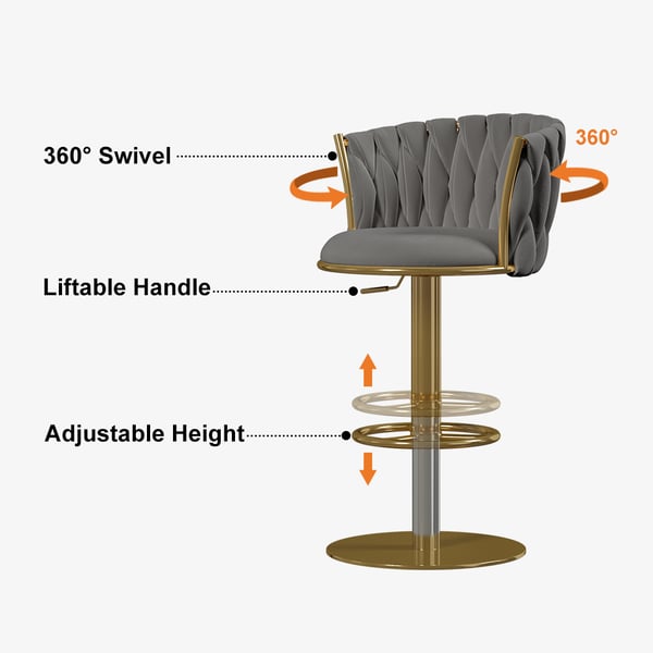 Set of 2 gray swivel bar stools with velvet curved back and adjustable height