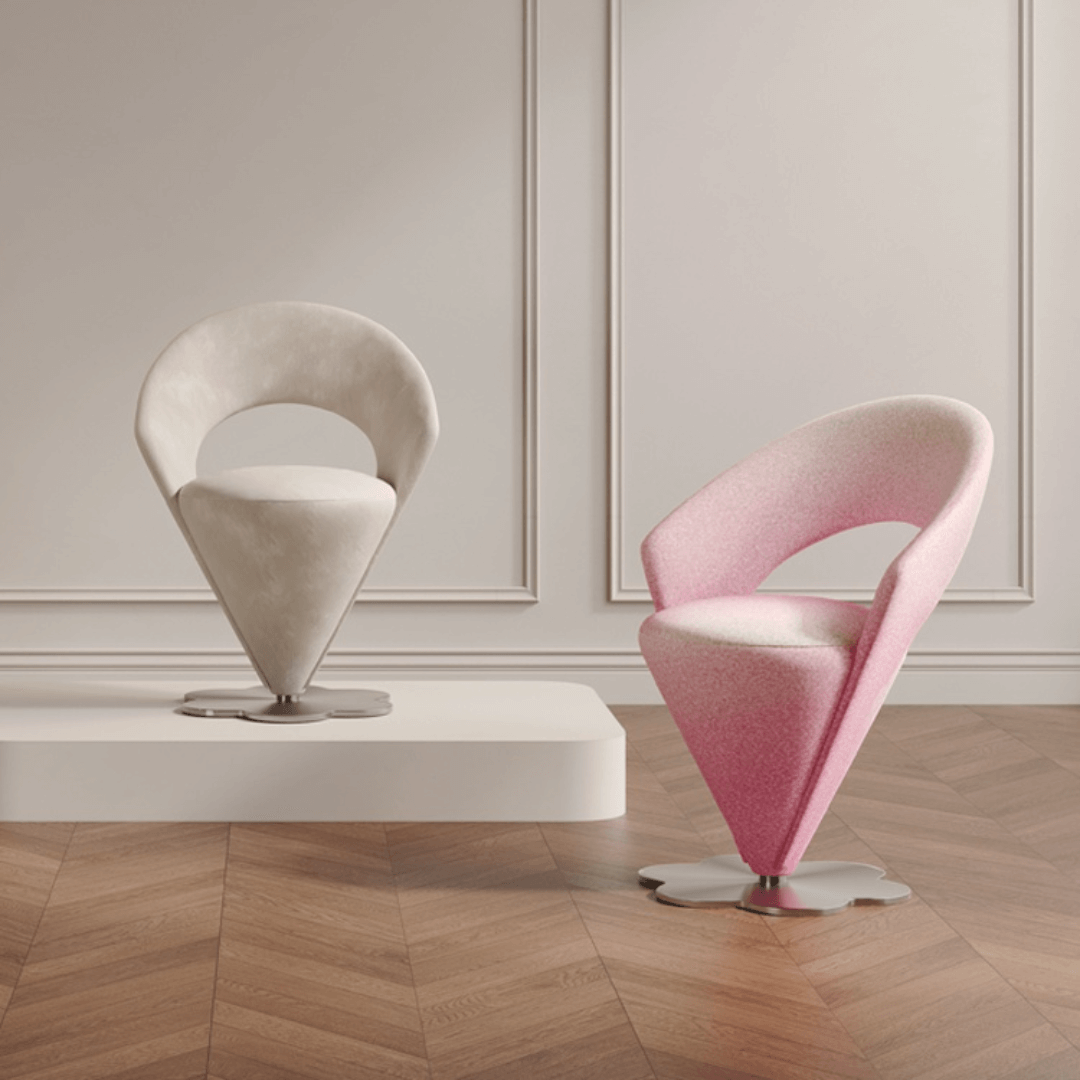 Pink and khaki Luxe Cone vanity stool with swivel feature for stylish seating
