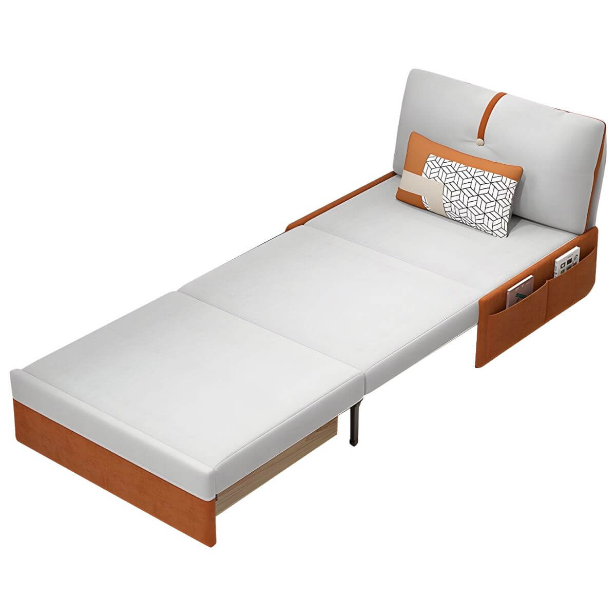 Orange polyester blend sleeper sofa with steel frame and casters, modern futon for versatile seating