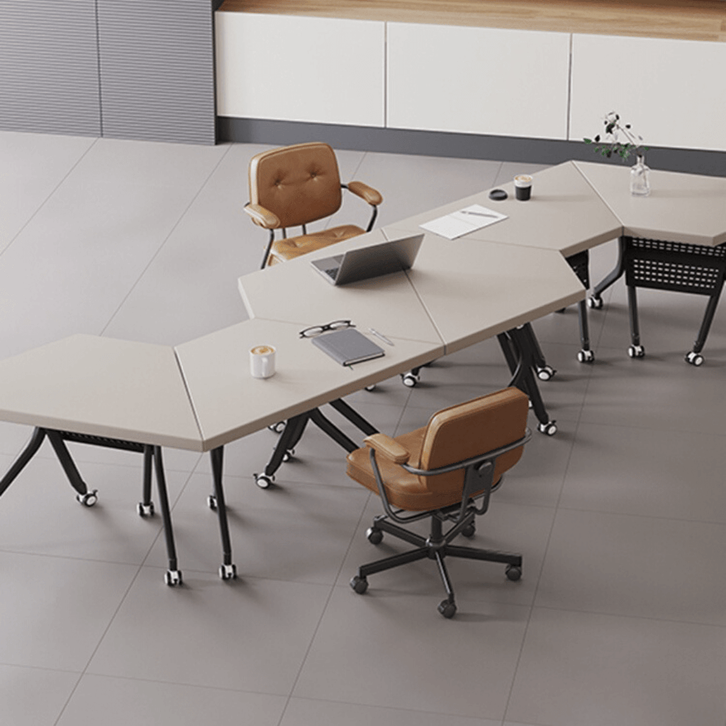 Solid wood multifunctional meeting table with geometric design and movable wheels