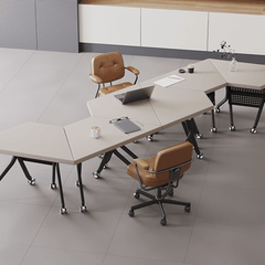 Geometrically Designed Solid Wood Multifunctional Meeting Table with Movable Wheels