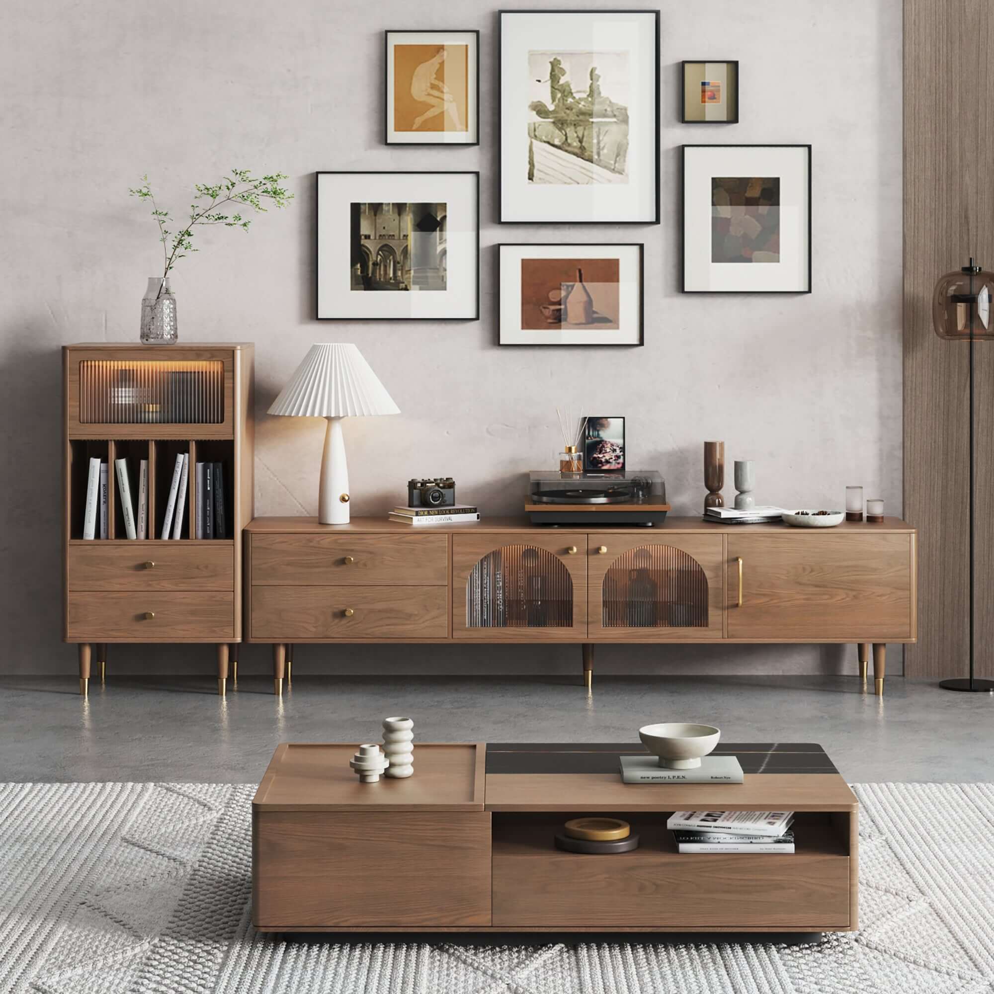 Modern TV stand with storage cabinet, 2 glass doors, and drawers for TVs up to 85 inches