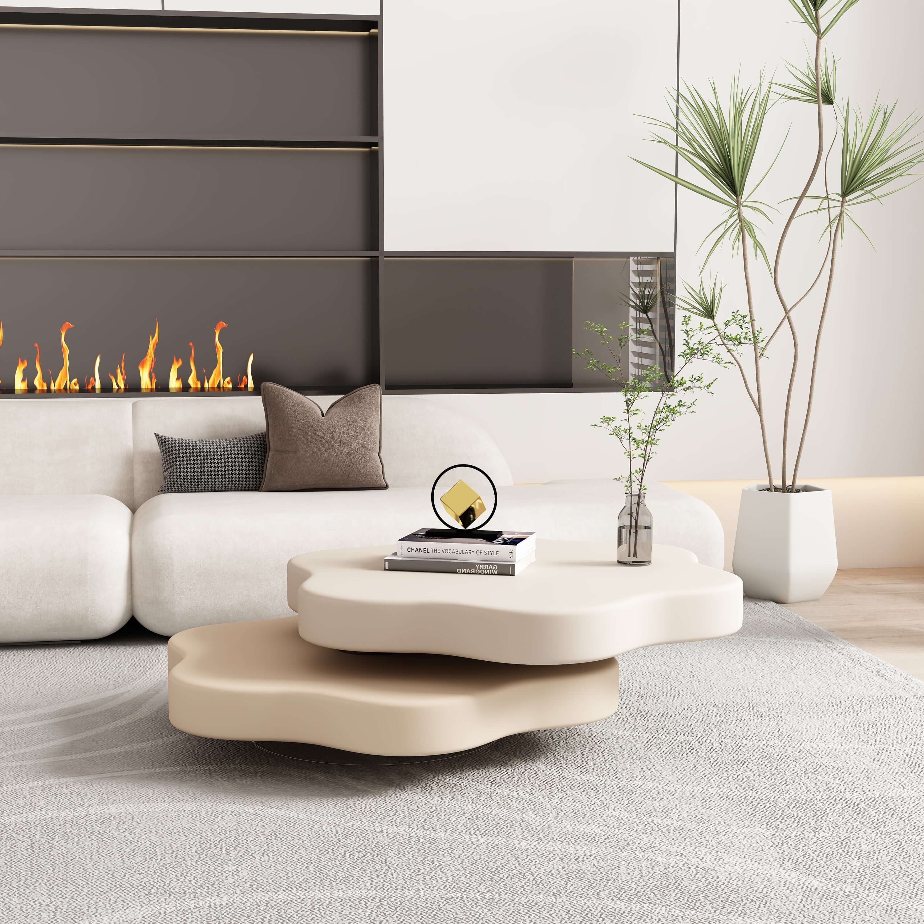 Modern cloud coffee table with rotating shelf, perfect for stylish living room decor