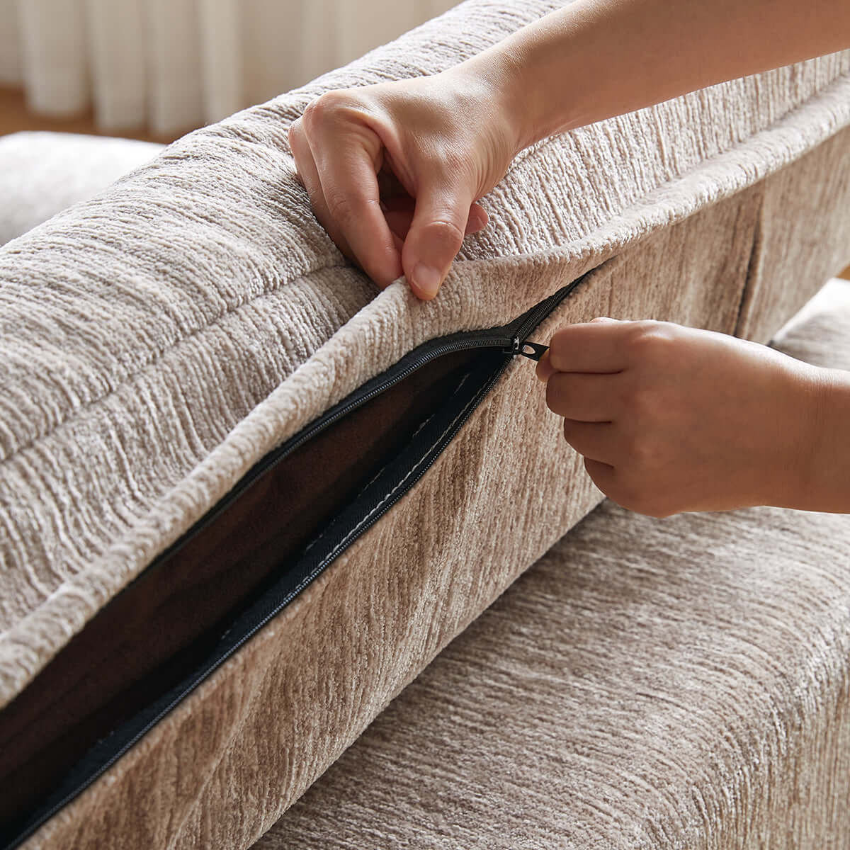 Contemporary chenille lounge sofa featuring a removable couch cover for easy cleaning