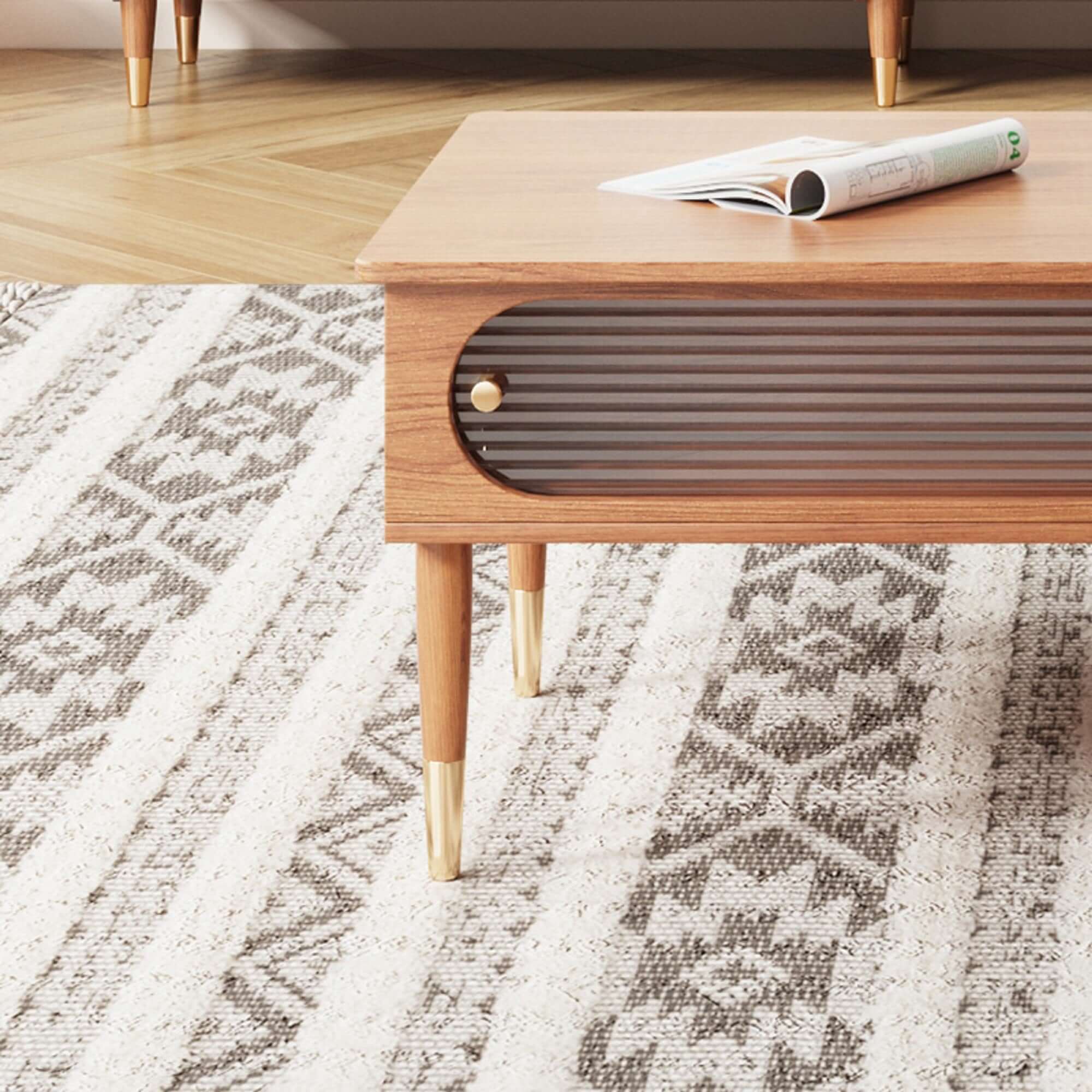 Rectangular wooden coffee table with storage compartments, ideal for living room organization