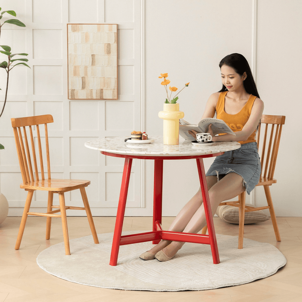 Modern terrazzo dining table with sleek design, perfect for cozy meals and home office use