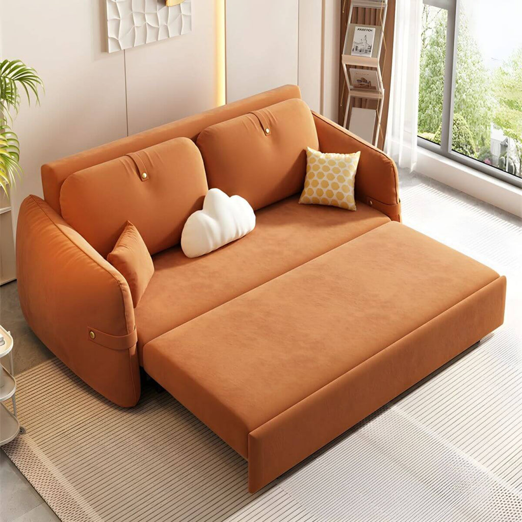 Orange polyester blend sleeper sofa with scratch-resistant surface and detachable mattress futons