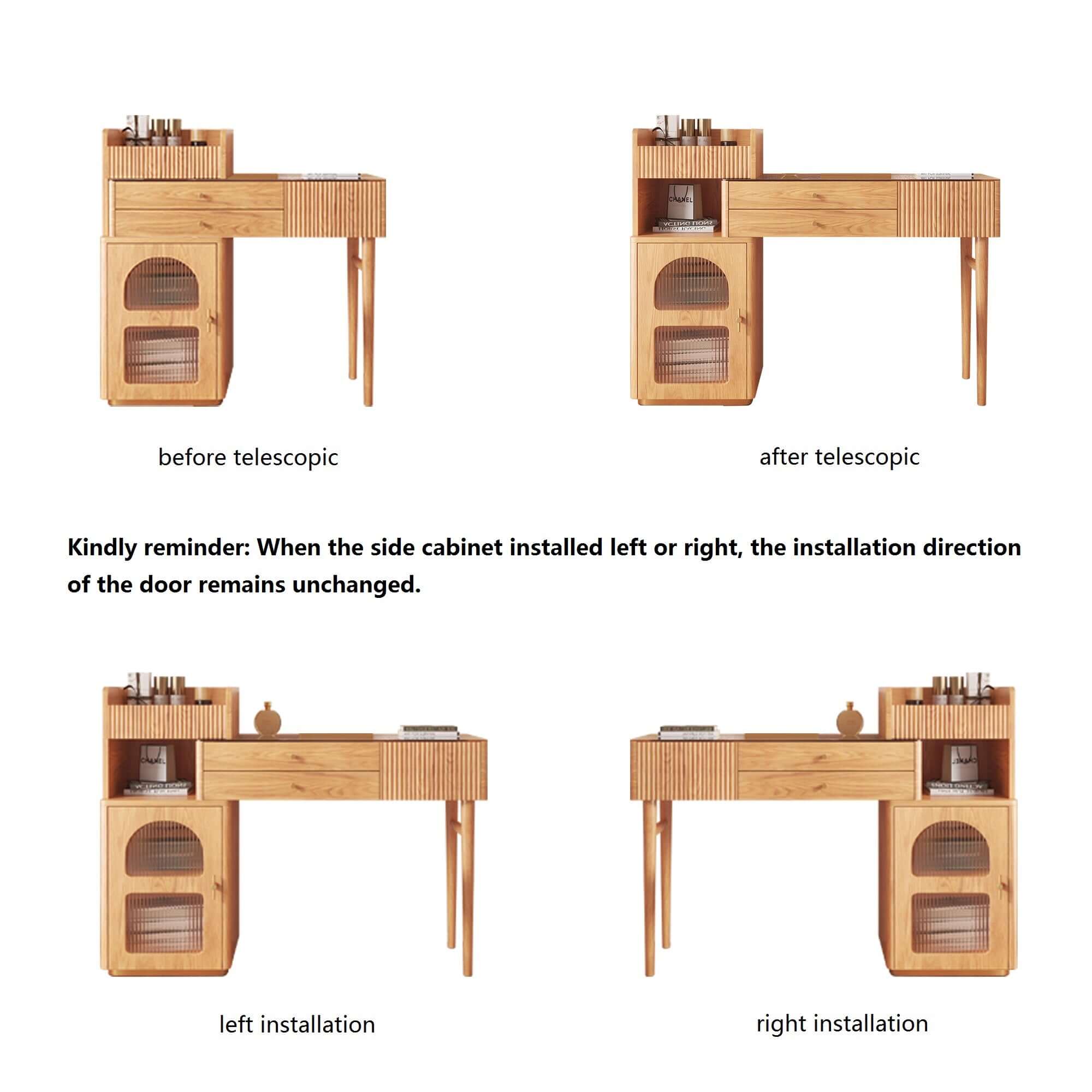 Wooden makeup dressing table featuring open storage, drawers, and a cabinet for organization