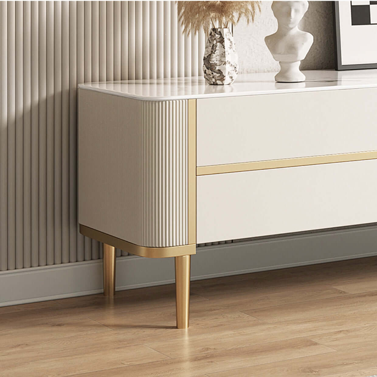 Rectangle TV stand with elegant marbling slate top for a luxury living room setup