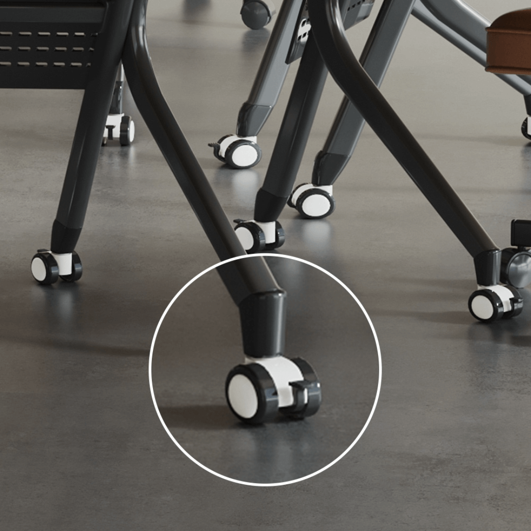 Foldable conference table with modern curve design and comfortable mesh chairs for meetings