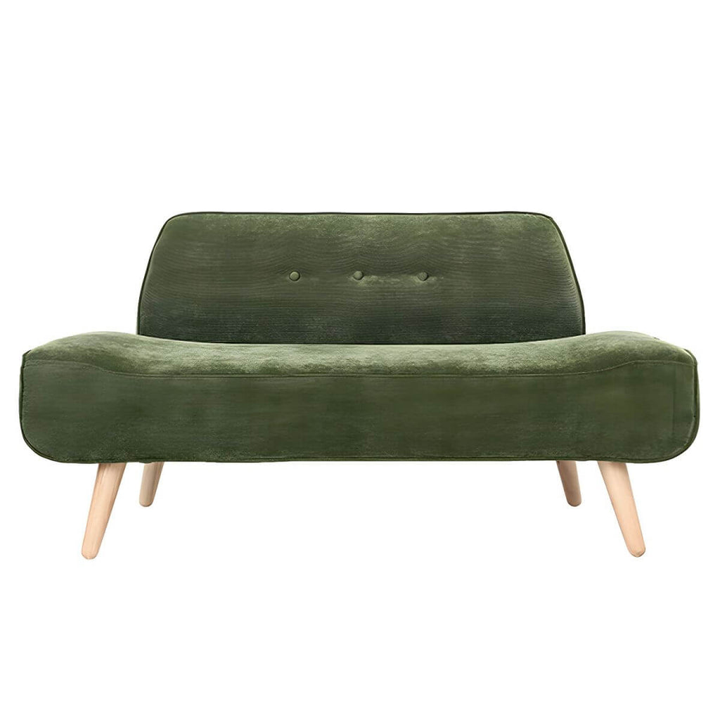 Small Scandinavian style sofa with wood frame and solid color polyester upholstery