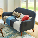 Farmhouse wood sofa with patchwork polyester blend upholstery and foam seat fill