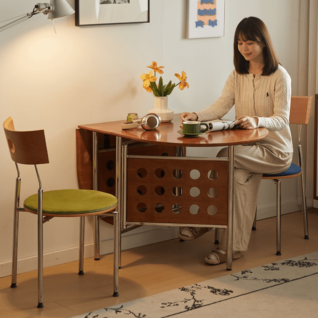 Retro-style dining table with smooth edges, perfect for family meals and work