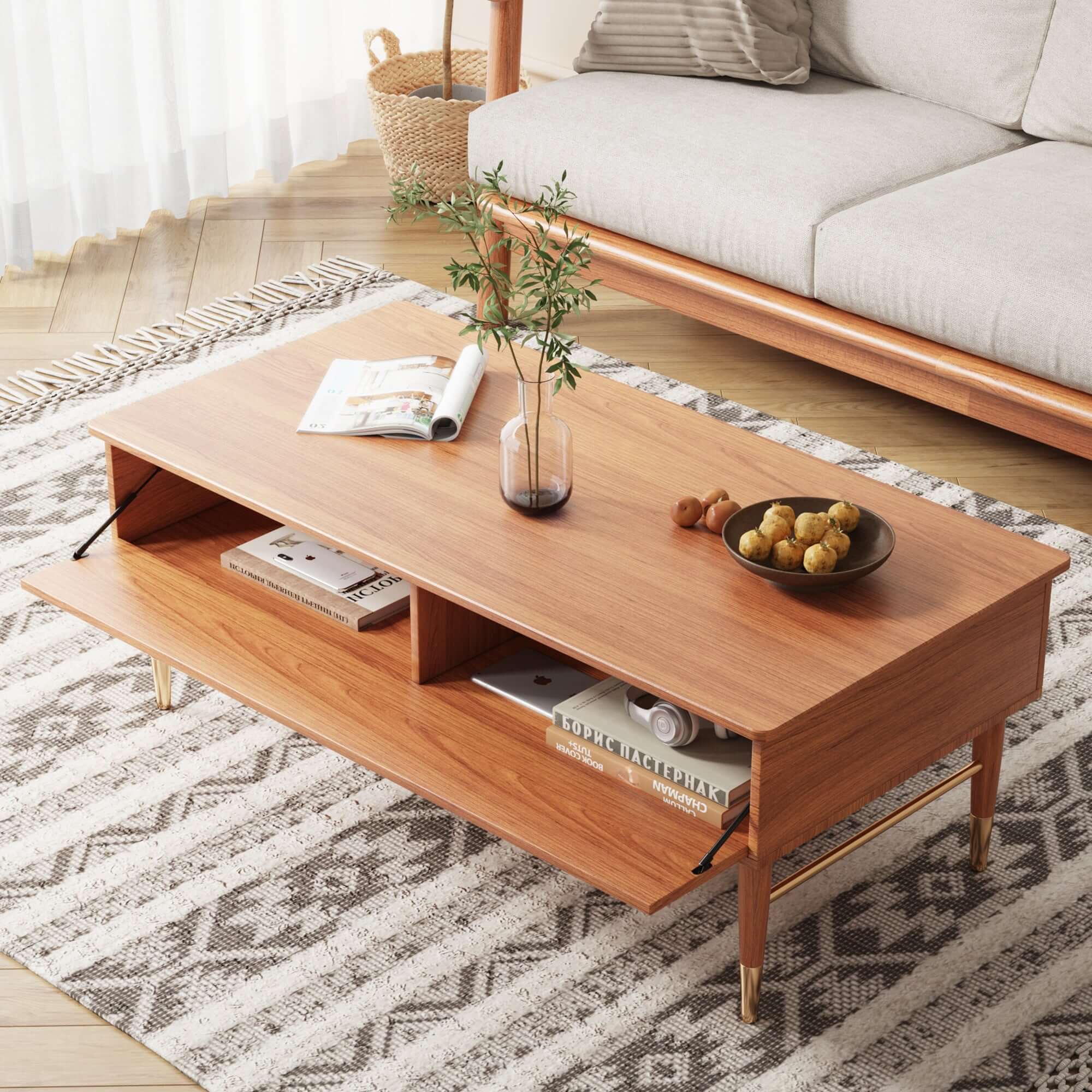Rectangular wooden coffee table with storage compartments, ideal for living room organization