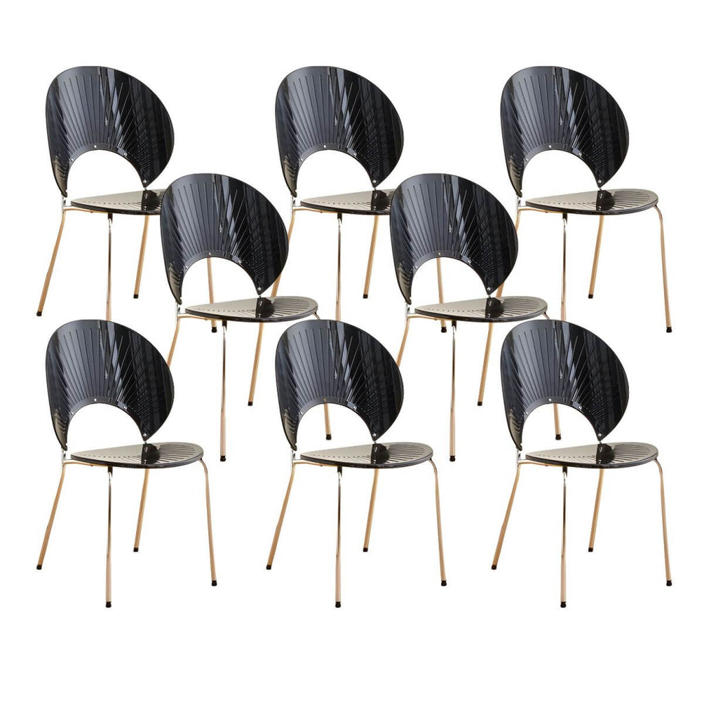Stackable Scandinavian style dining chair with plastic seat, acrylic back, and silver legs