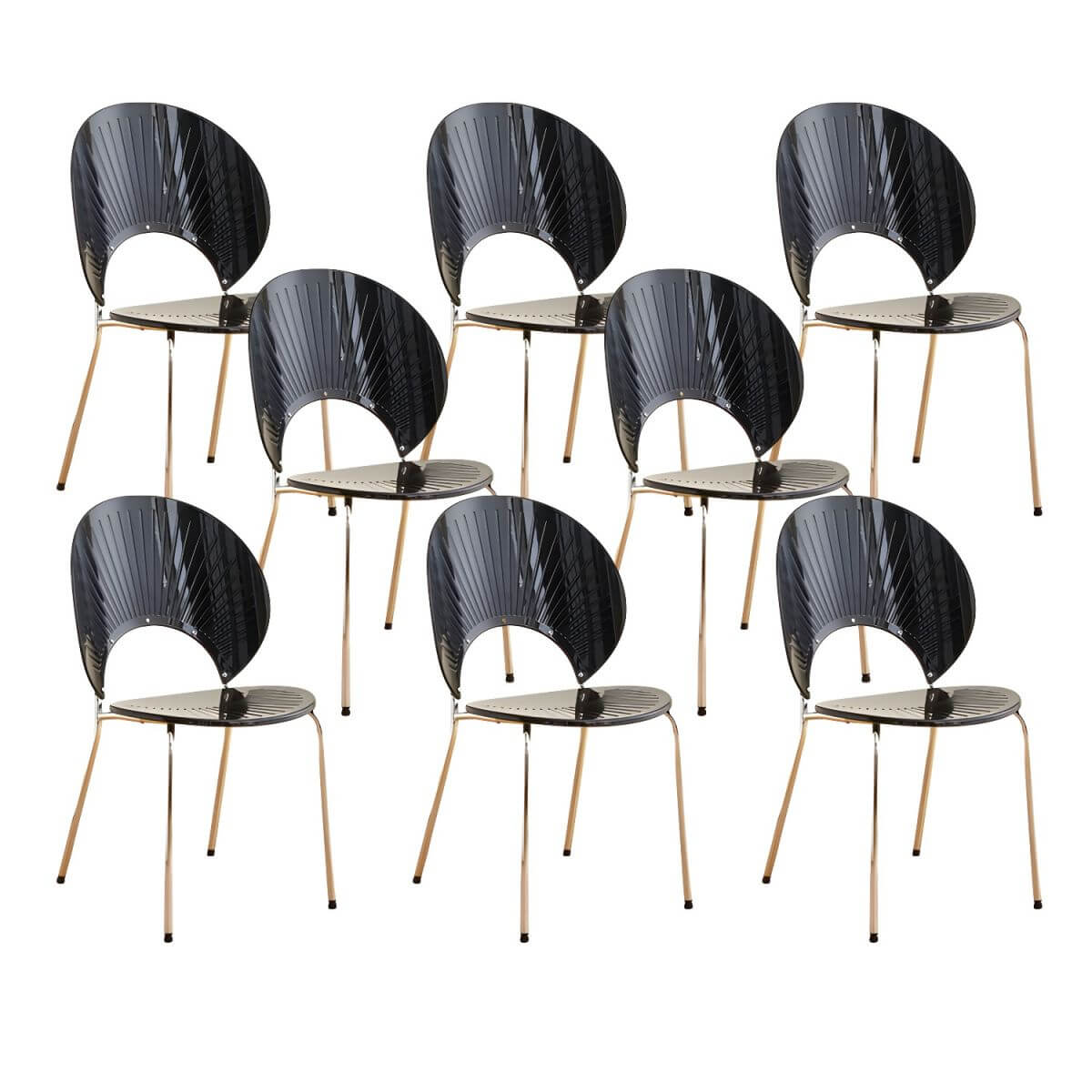 Stackable Scandinavian style dining chair with plastic seat, acrylic back, and silver legs