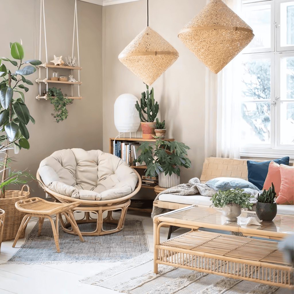 Cozy natural rattan papasan chair available in single or double size for comfortable lounging