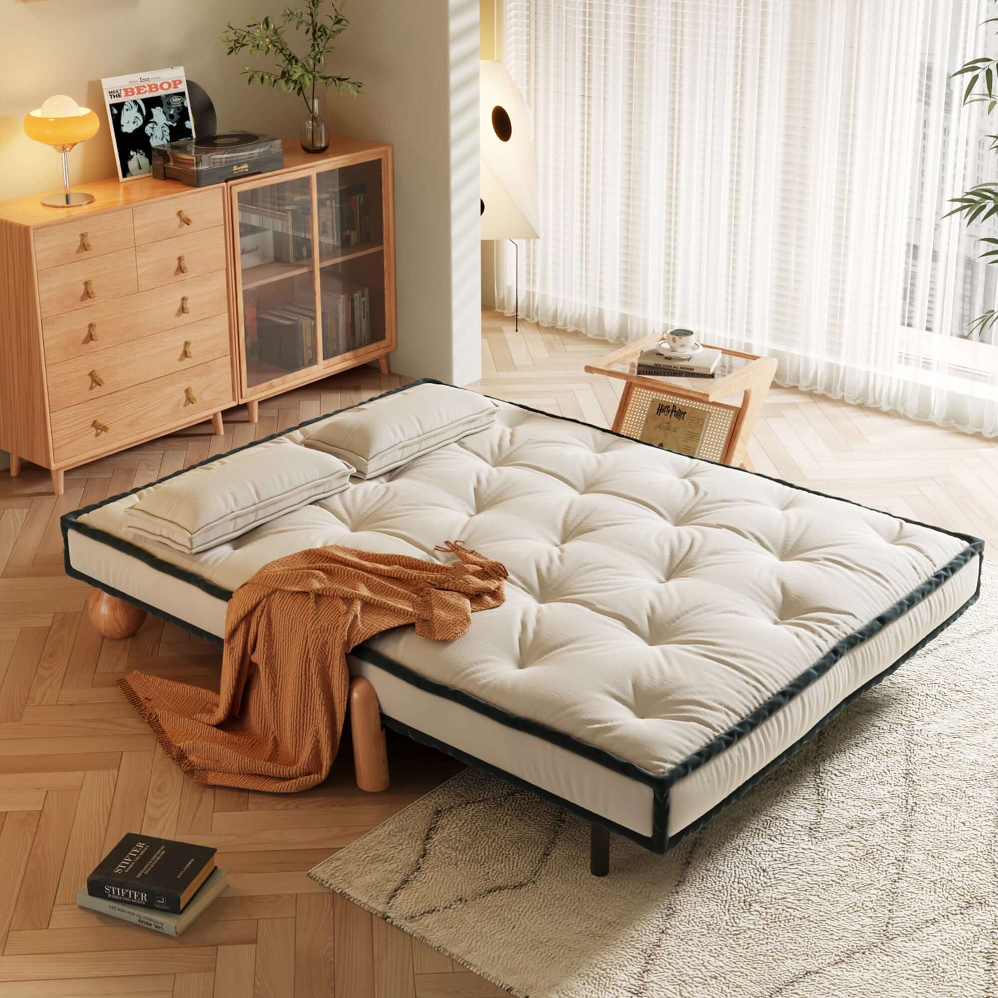 Single convertible armless sleeper sofa chair with solid wood legs for compact spaces