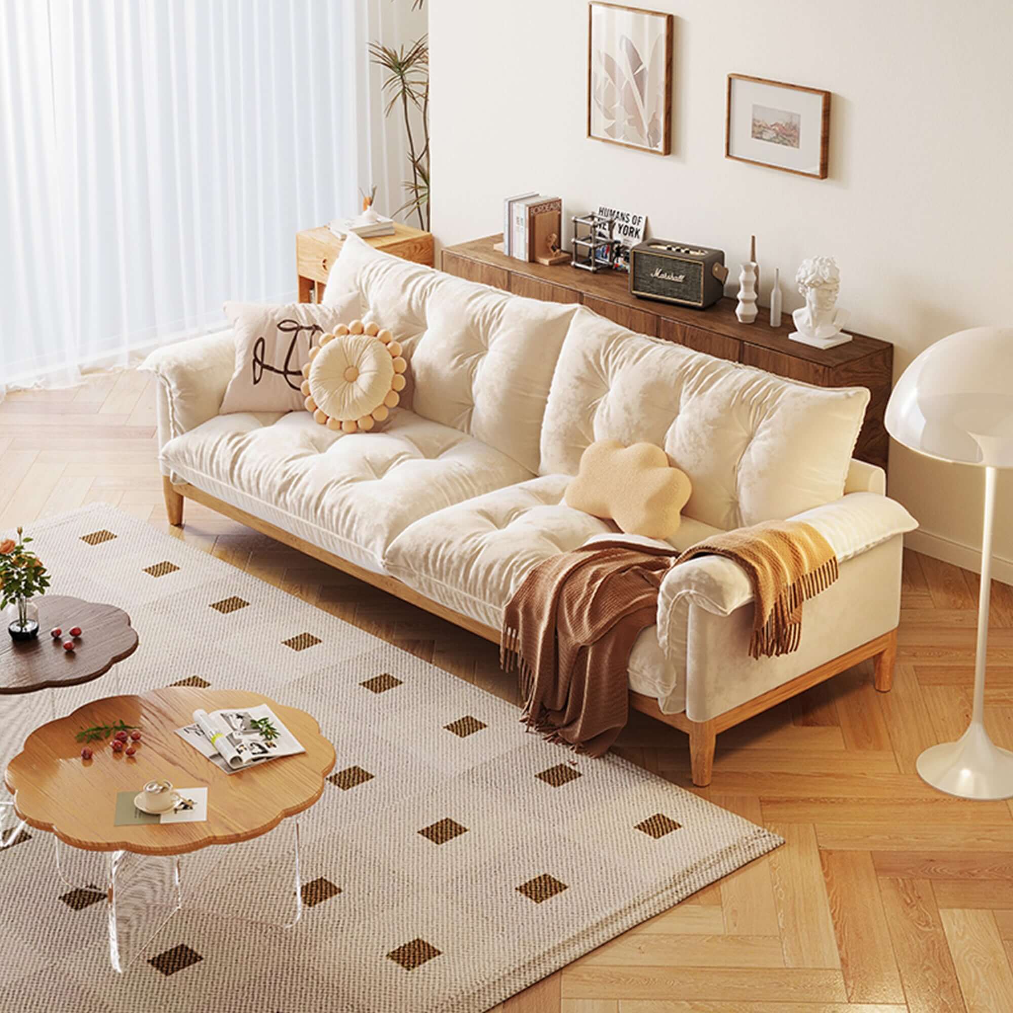 Beige modern 3-seater sofa with solid wood frame and cotton linen upholstery