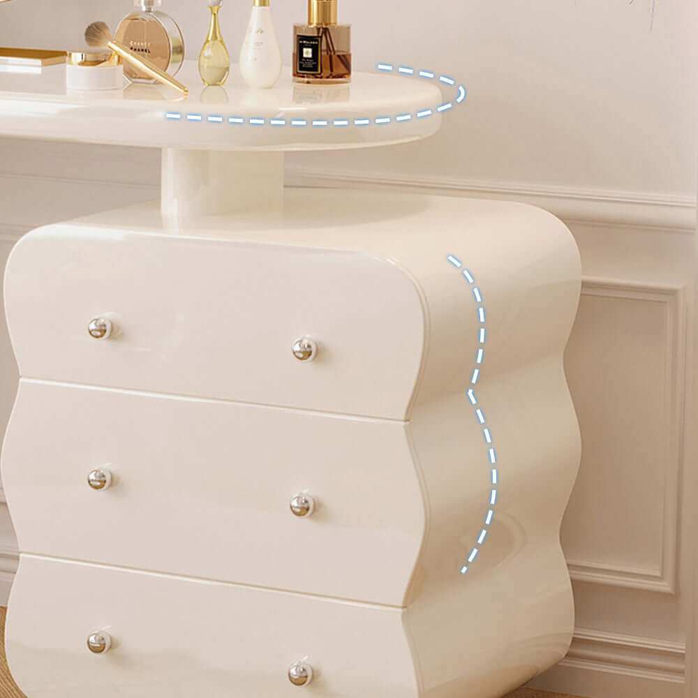 White makeup vanity featuring an adjustable side cabinet with three drawers for storage