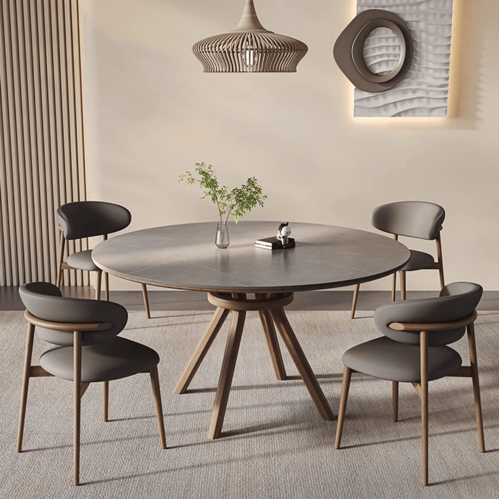 High-End Rotating Round Dining Table in Stylish Gray and Warm Wood Finish