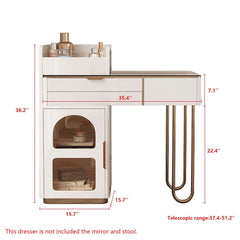 White Makeup Vanity Glass Tabletop Dressing Table with Open Storage Compartment & Drawers & Cabinet