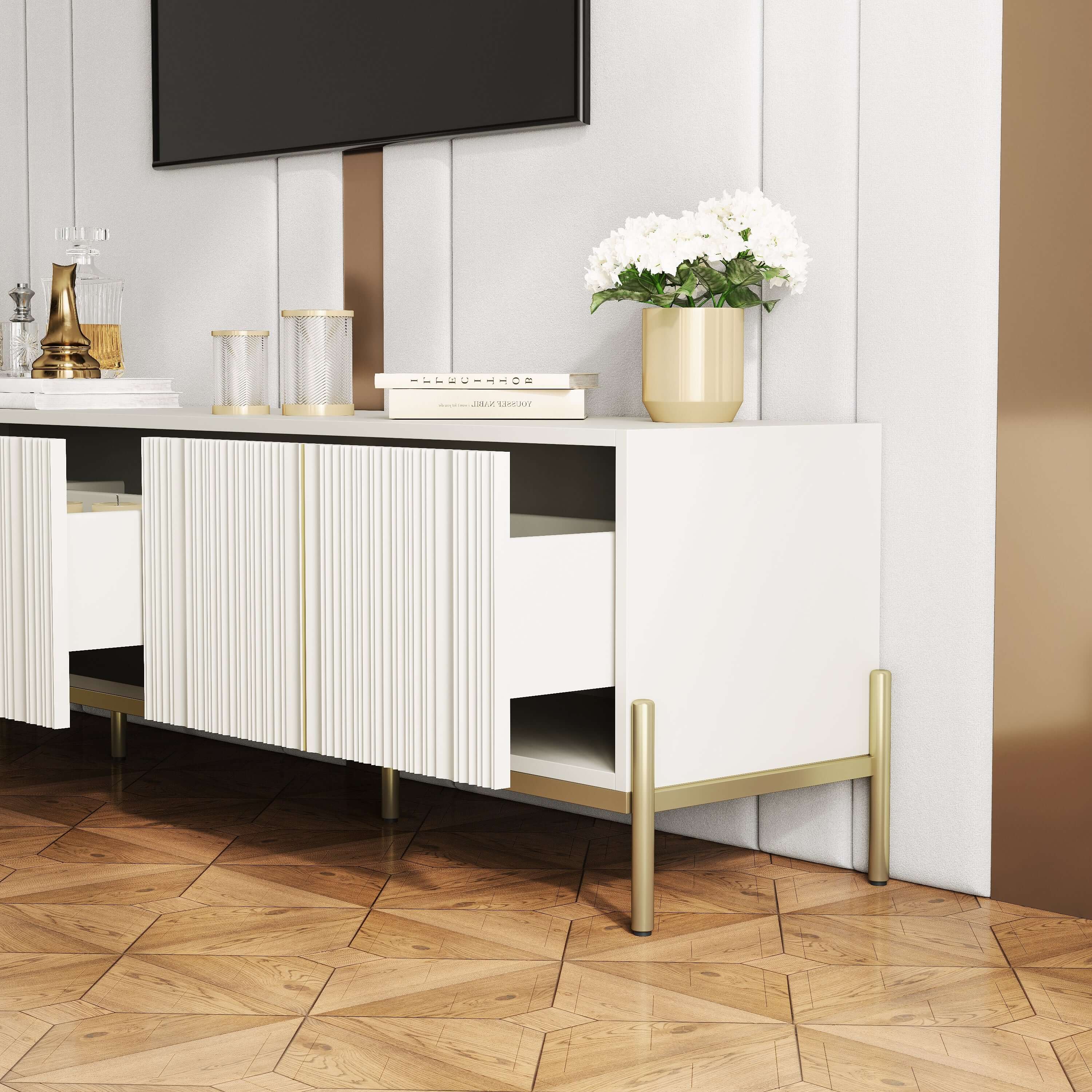 Beige TV stand with metal feet, 78.7 inches wide, featuring storage and entertainment center