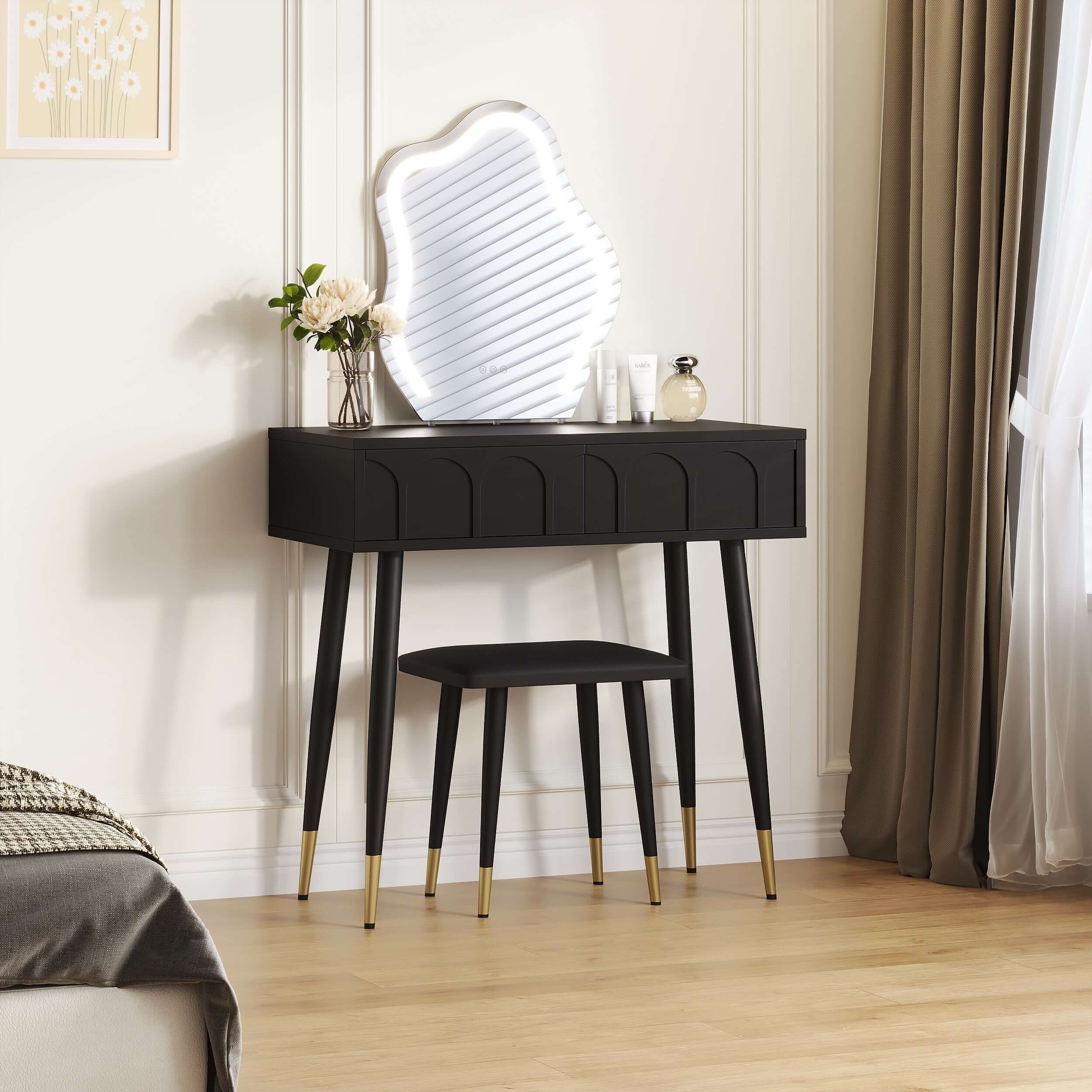 White and black 31.5-inch two drawer dresser with mirror and matching chair