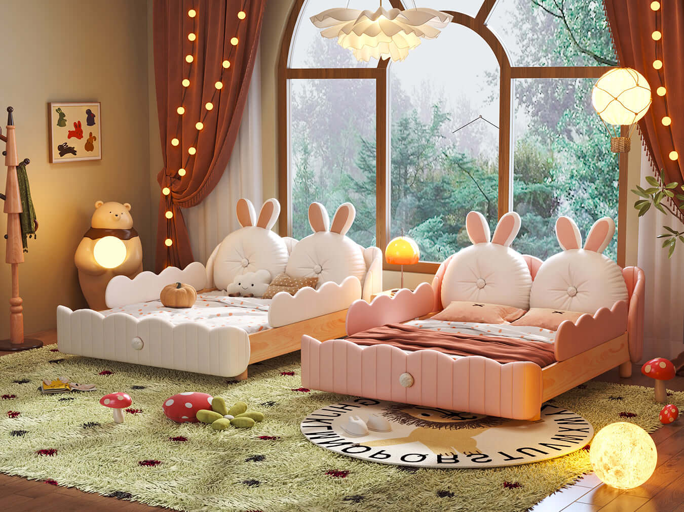 Solid wood kids bed featuring a rabbit cartoon cushion and protective guardrail for safety