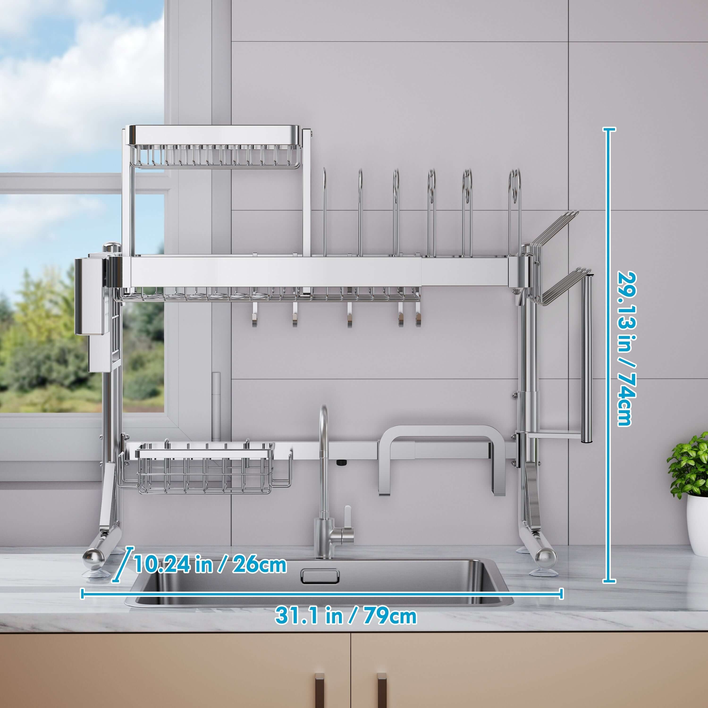 Large over-sink dish drying rack with multi-function organizer shelf for efficient kitchen storage