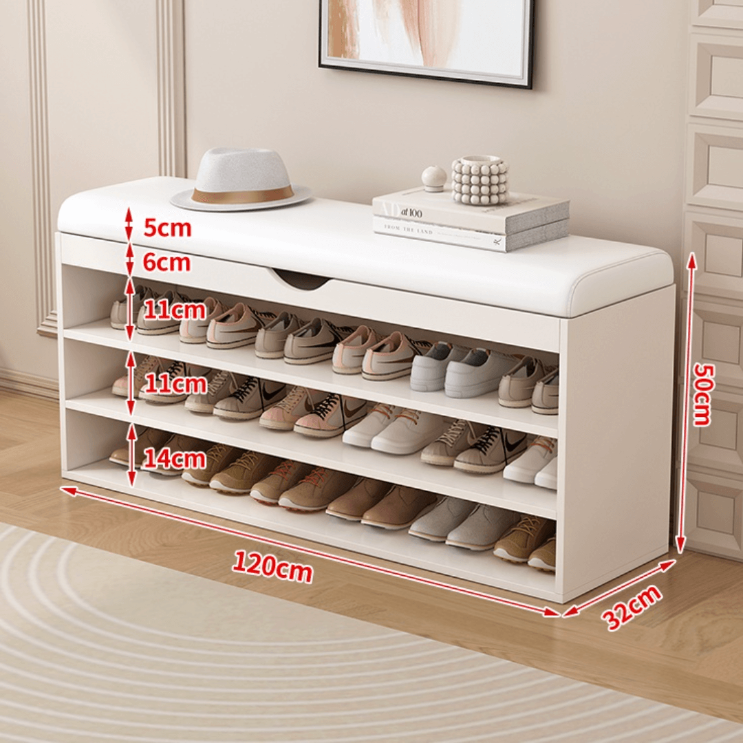 Modern white and orange shoe bench with upholstered seat and space-saving storage