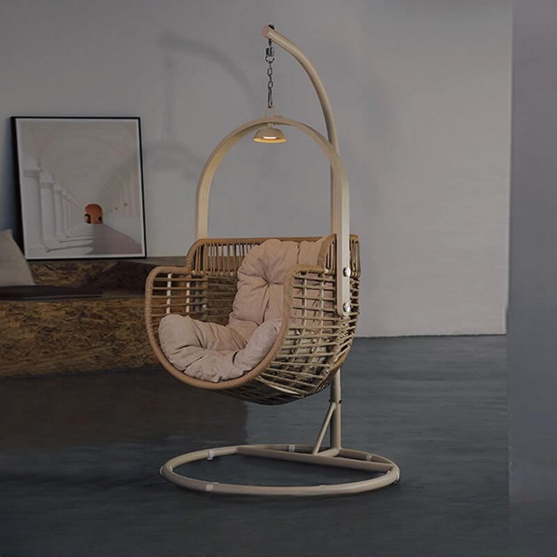 Tropical cocoa and cream upholstered porch swing with alloy frame, stand, and chain included