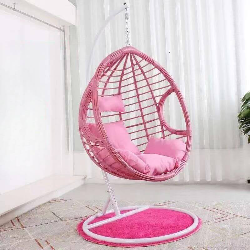 Two-seater metal porch swing egg chair with stand, cushions, and chain included