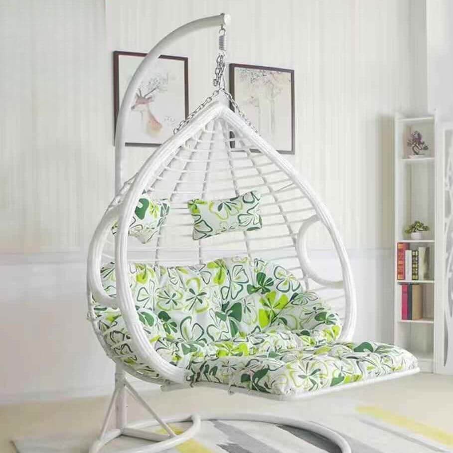Two-seater metal porch swing egg chair with stand, cushions, and chain included