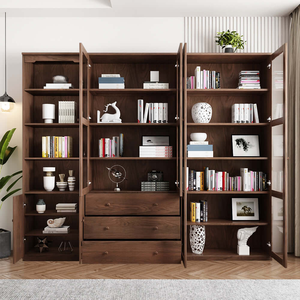 Modern modular floor-to-ceiling bookshelf with doors for versatile storage and organization