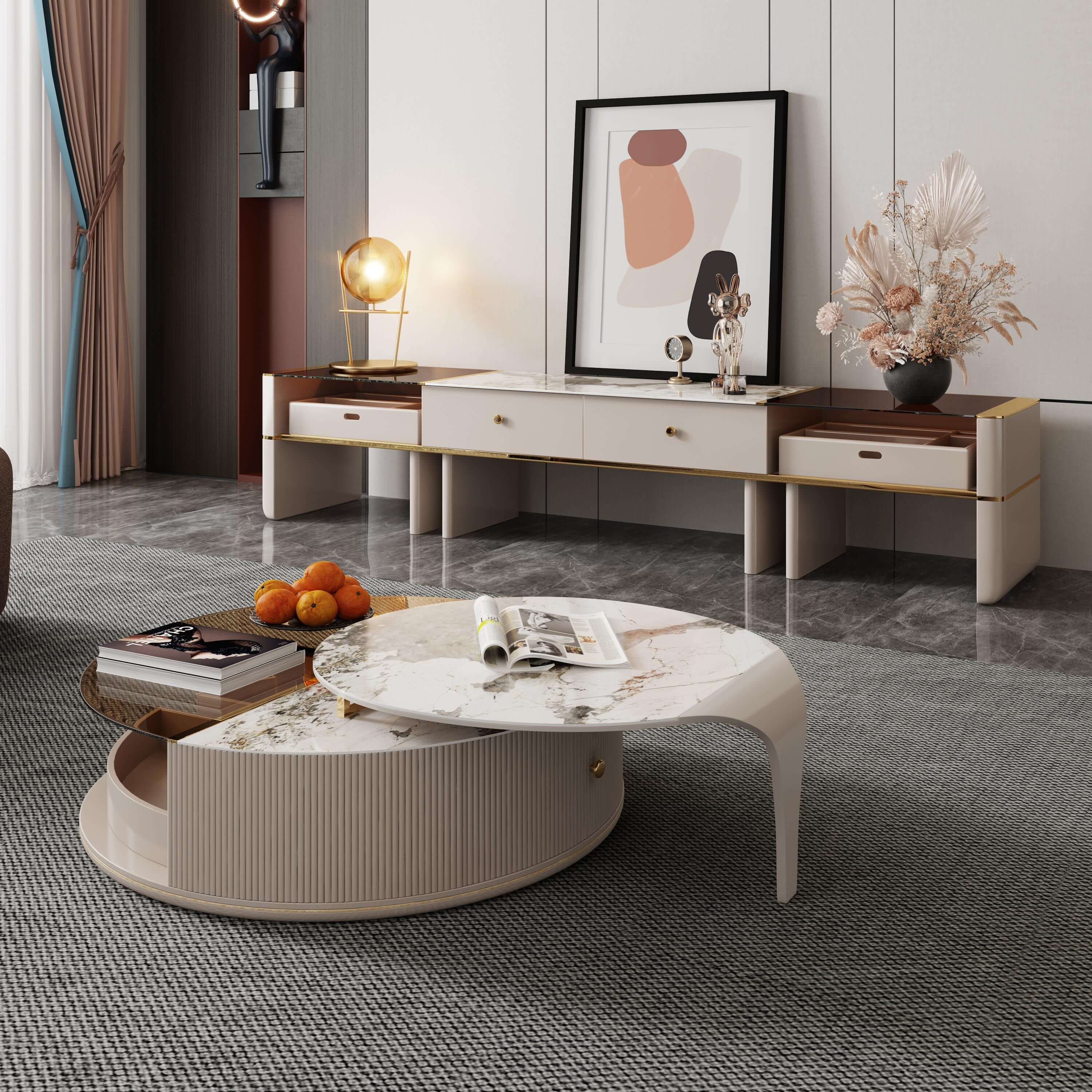 Beige round coffee table with combination design, perfect for modern living rooms