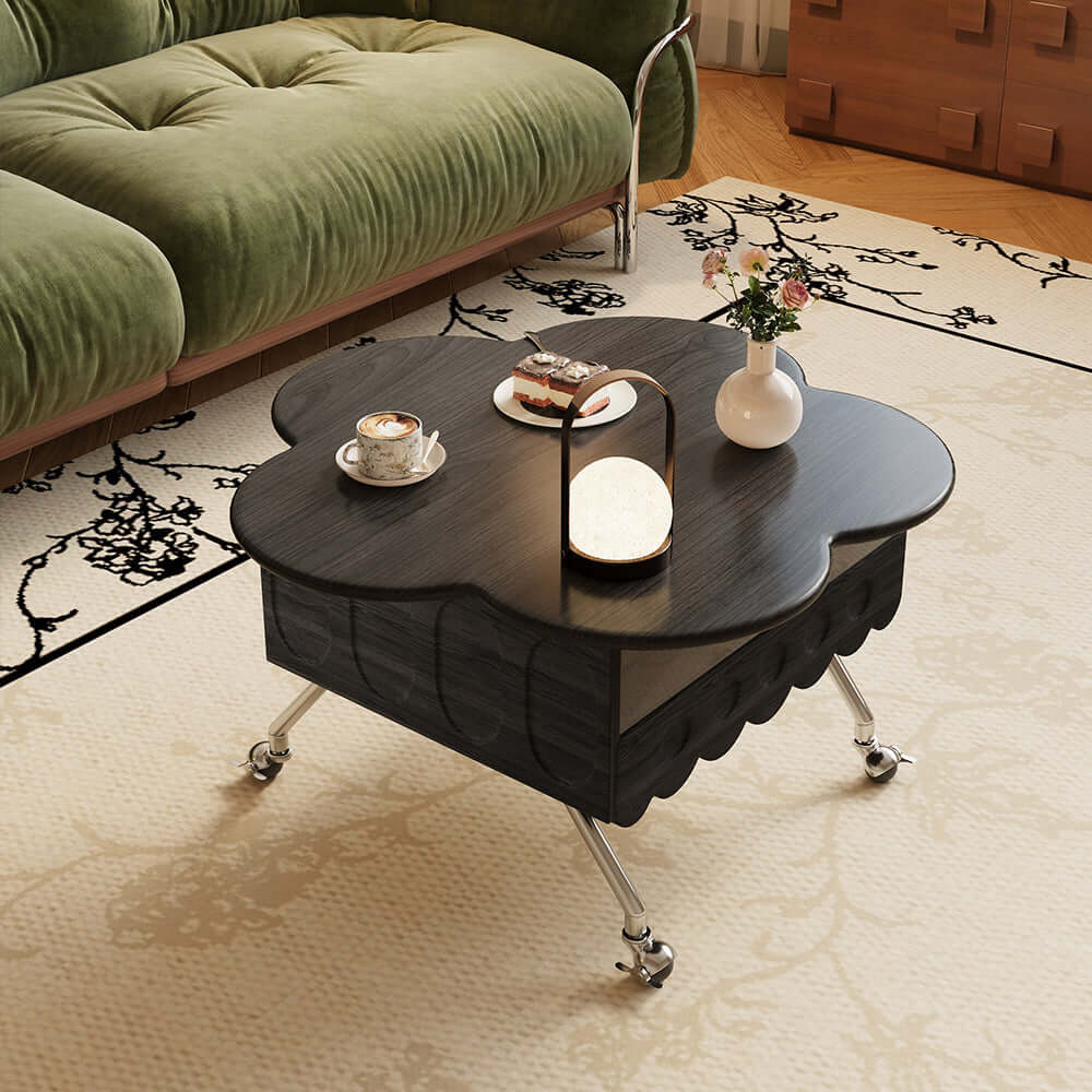 Movable retro coffee table with solid wood and adjustable petal design for living room
