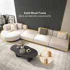 Beige modern L-shaped sectional sofa with pillows and black legs, perfect for corner seating