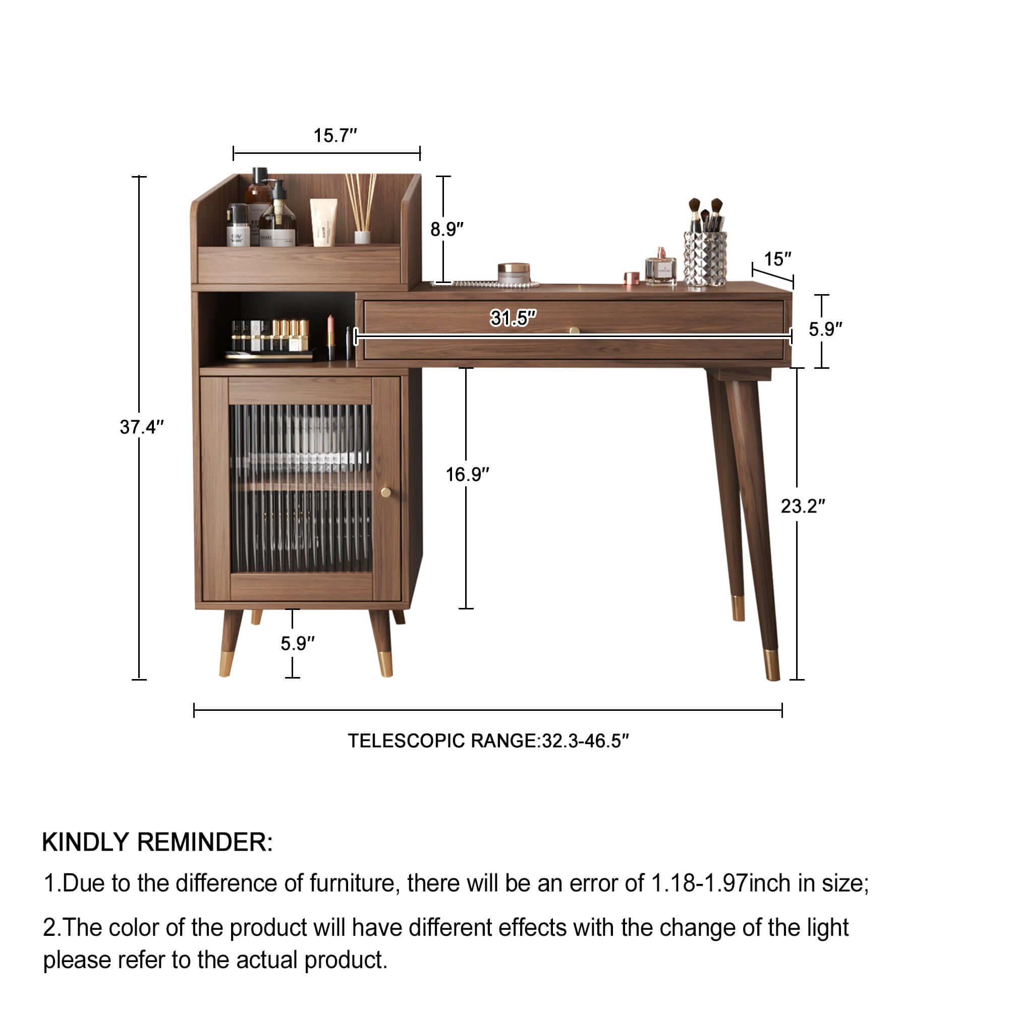 Coffee brown wooden vanity table with side cabinets, open storage, and drawers for bedroom organization