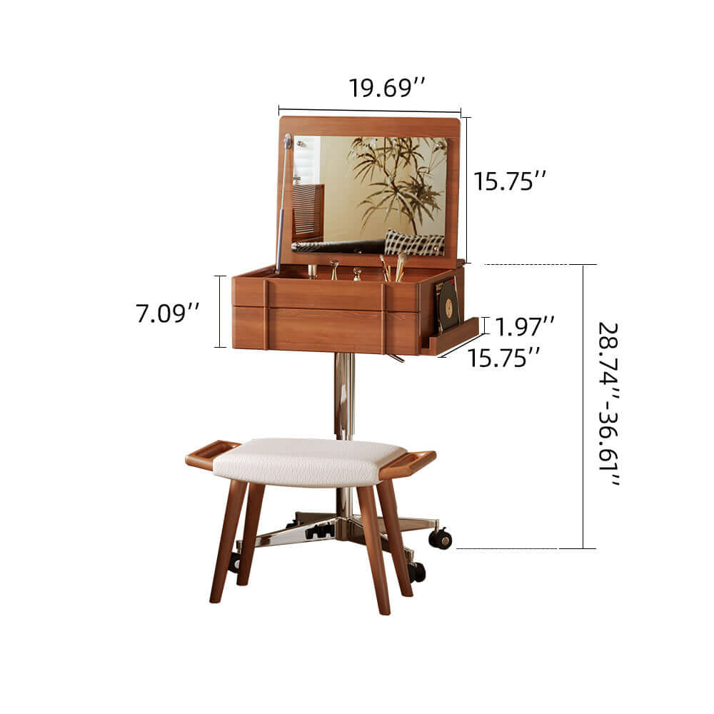 Small vintage-style solid wood vanity table with movable flip-top mirror for bedroom