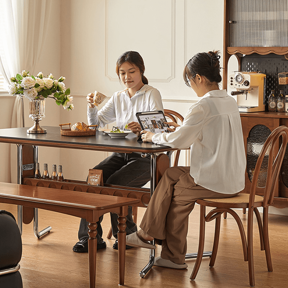 Square vintage dining and desk combo table with slate top, storage, and stainless steel legs