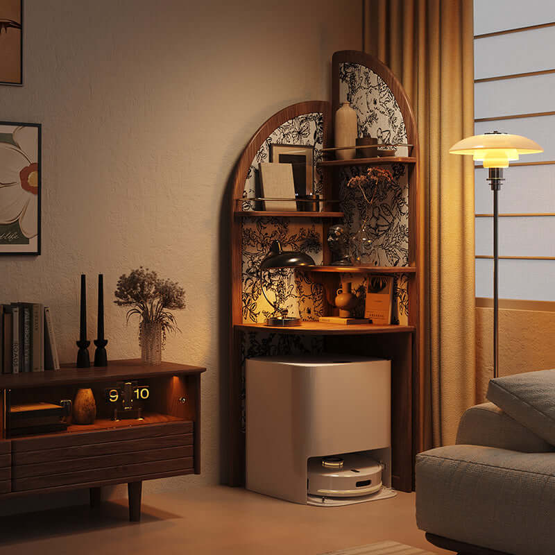 Adjustable arched corner bookcase with open shelves for stylish storage and display