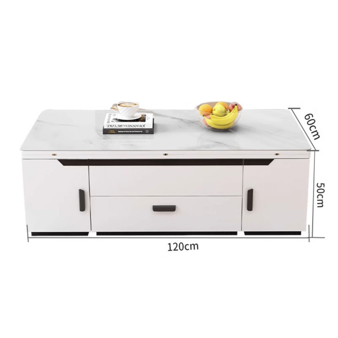 White lift-top coffee table with storage and stools, perfect for compact living spaces