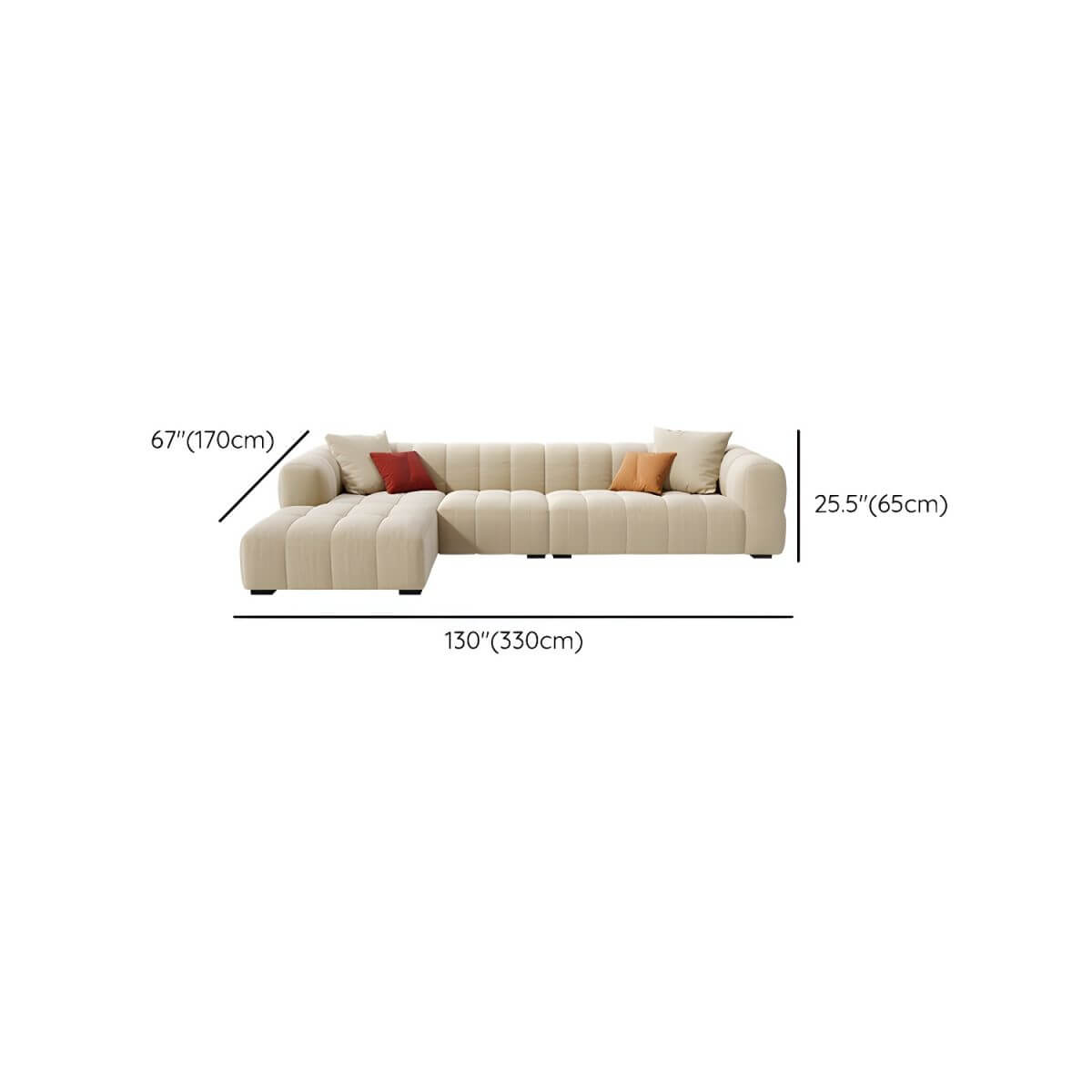 Beige upholstered wood sofa with square arms and sewn pillow back for modern living rooms