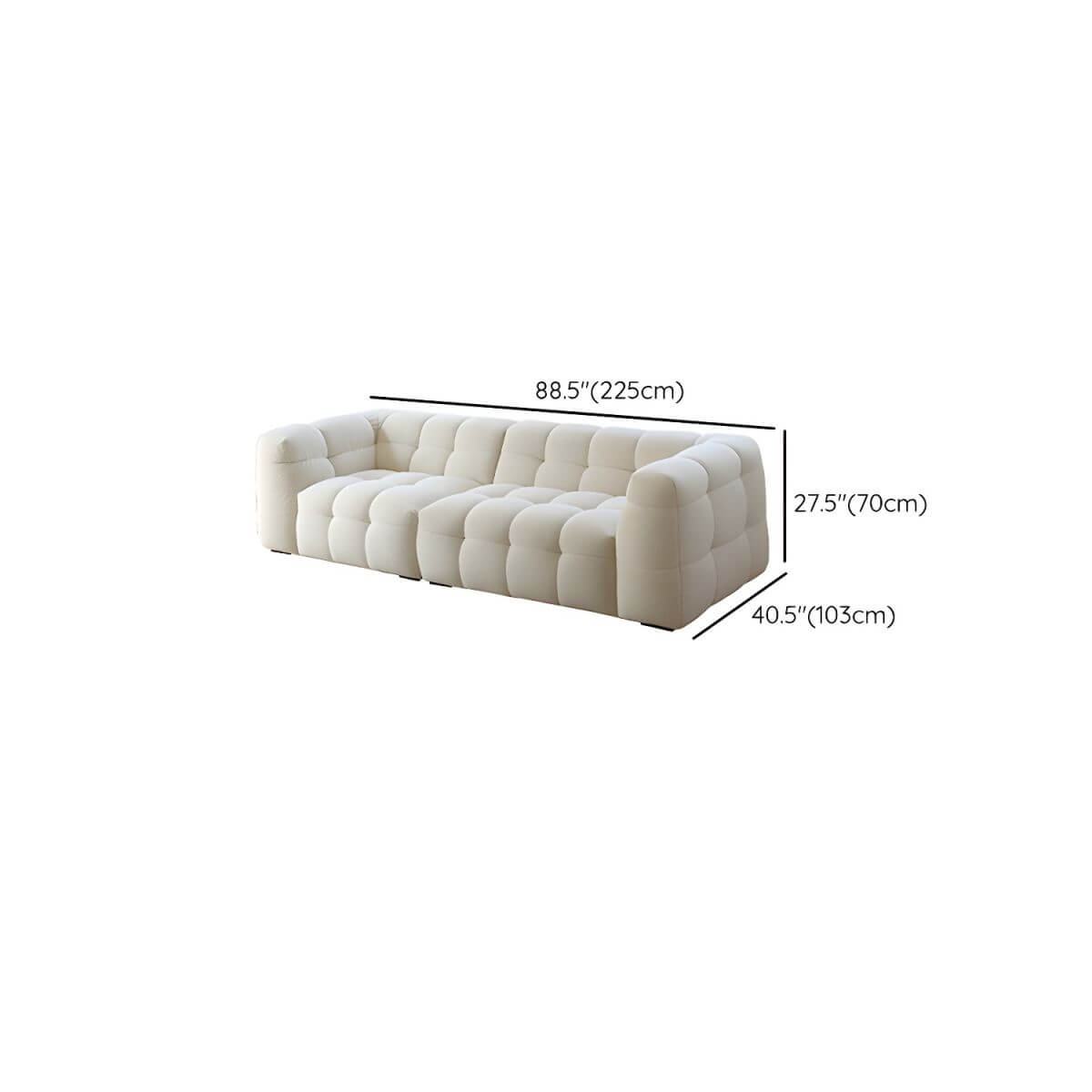 White fabric tuxedo arm sofa with biscuit back, 27.55 inches tall