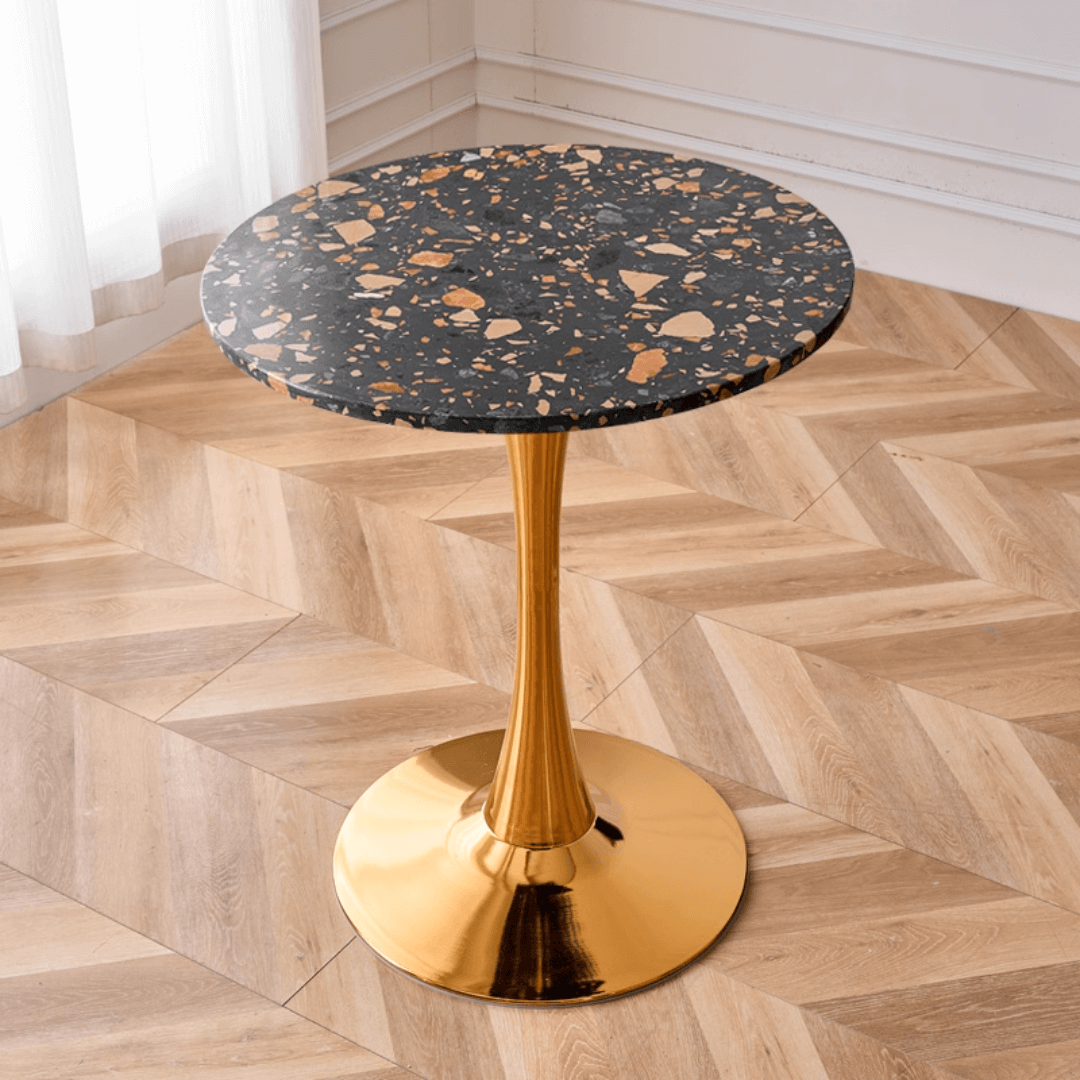 Modern marble table with sturdy metal base, perfect for adding a timeless aesthetic to any space